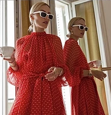 ZIMMERMANN Dress MIDI Silk Ninety Six Swing Red White Polka Dot Long Sleeve Sz 3