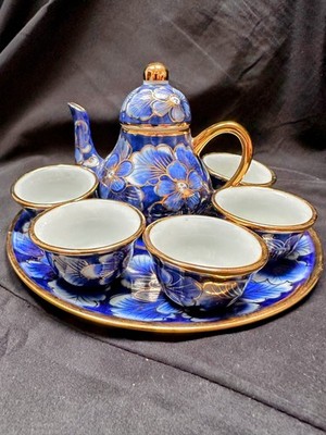 Vintage Miniatur Floral Orientalisch Kobaltblau Floral mit Goldakzenten Teeservice 7