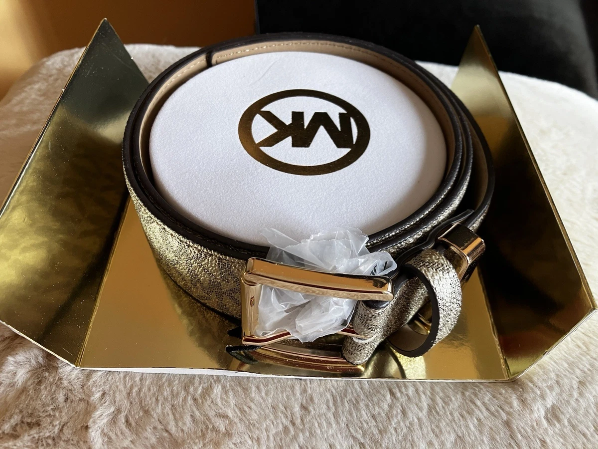 MK Authentic Michael Kors Tan Fabric Logo Leather Belt with Gold Buckle NWT Michael Kors. Tan Leather Belt With Logo and Gold Buckles  main image 3