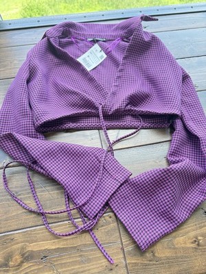 Zara Cropped Top Purple Black Xs New With Tags Zipper Long Sleeve Checkered