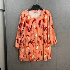 LOGO by Lori Goldstein Ravon Feather Print Top Baked Clay, Size 2X