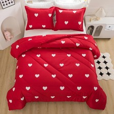 Caressma Love Queen Comforter Set - Romantic White Heart Print Red Bedding Co...