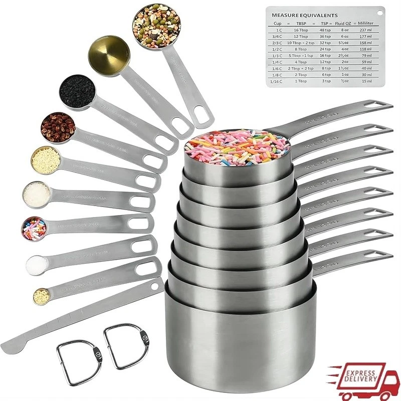 Stainless Steel Measuring Cups & Spoons Set W/ Measurement Conversion Chart New