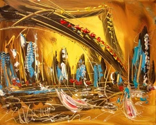 BROOKLYN BRIDGE   ORIGINAL OIL PAINTING ABSTRACT MODERN ART RED BLUE THRTH