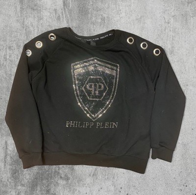 Philipp Plein Mens BLack Sweatshirt Bedazzled Logo Size Large with Grommets