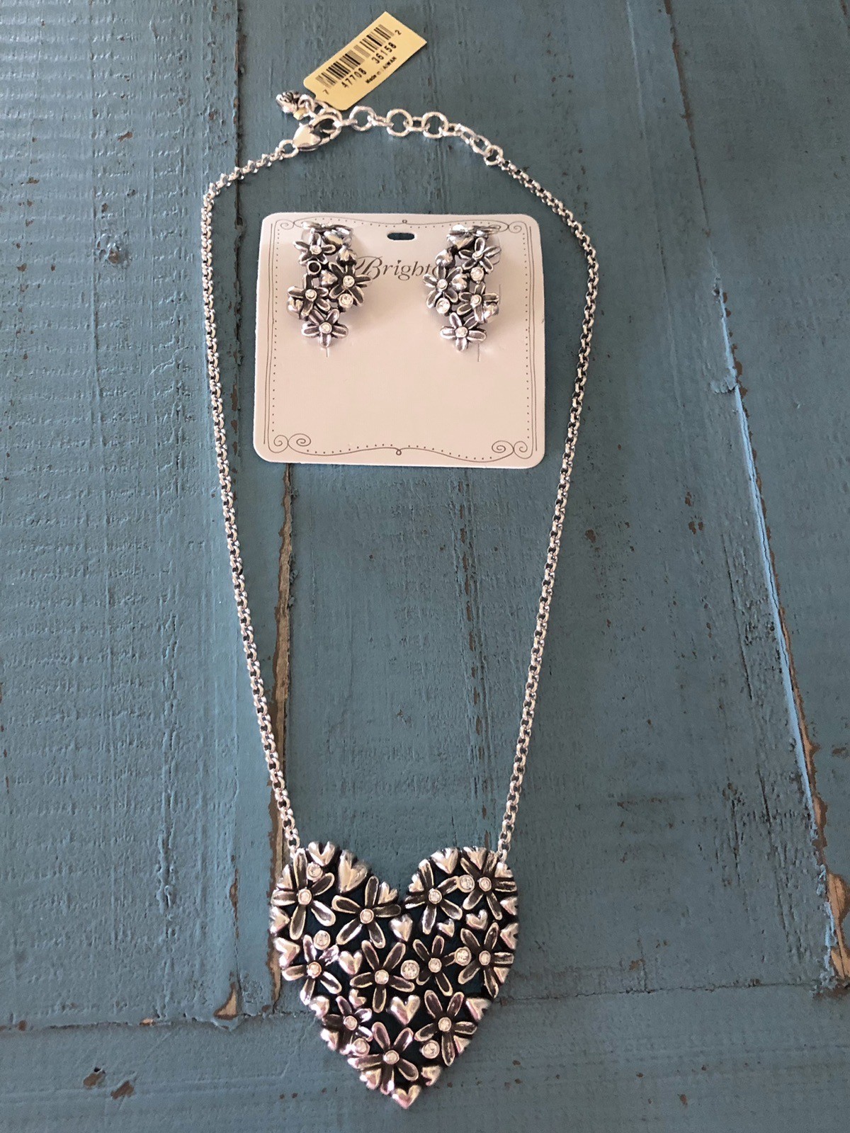 Brighton Fashionista Wild Flowers Heart Large Silver Necklace NWT Free Earrings