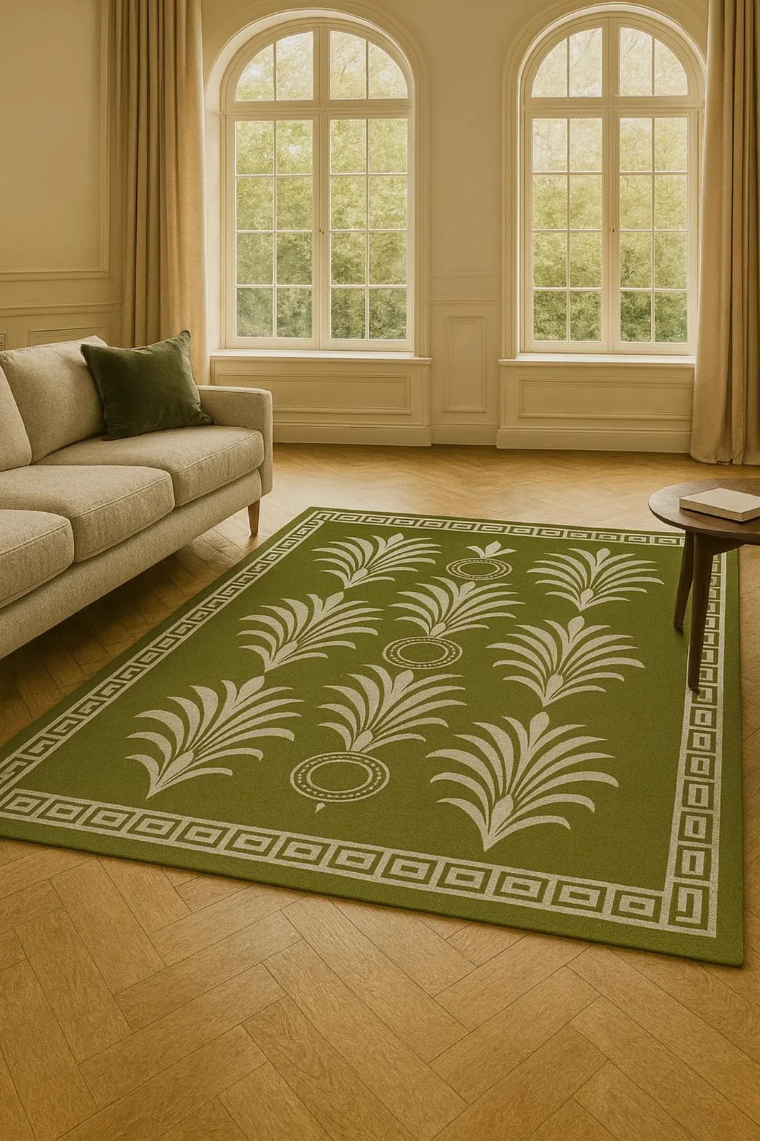 Hand-Tufted Wool Rug: Olive Green Botanical Medallion, Geometric Border