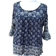 Lucky Brandy Flutter Sleeve Blue & White Floral Blouse XL Top Pullover Peasant