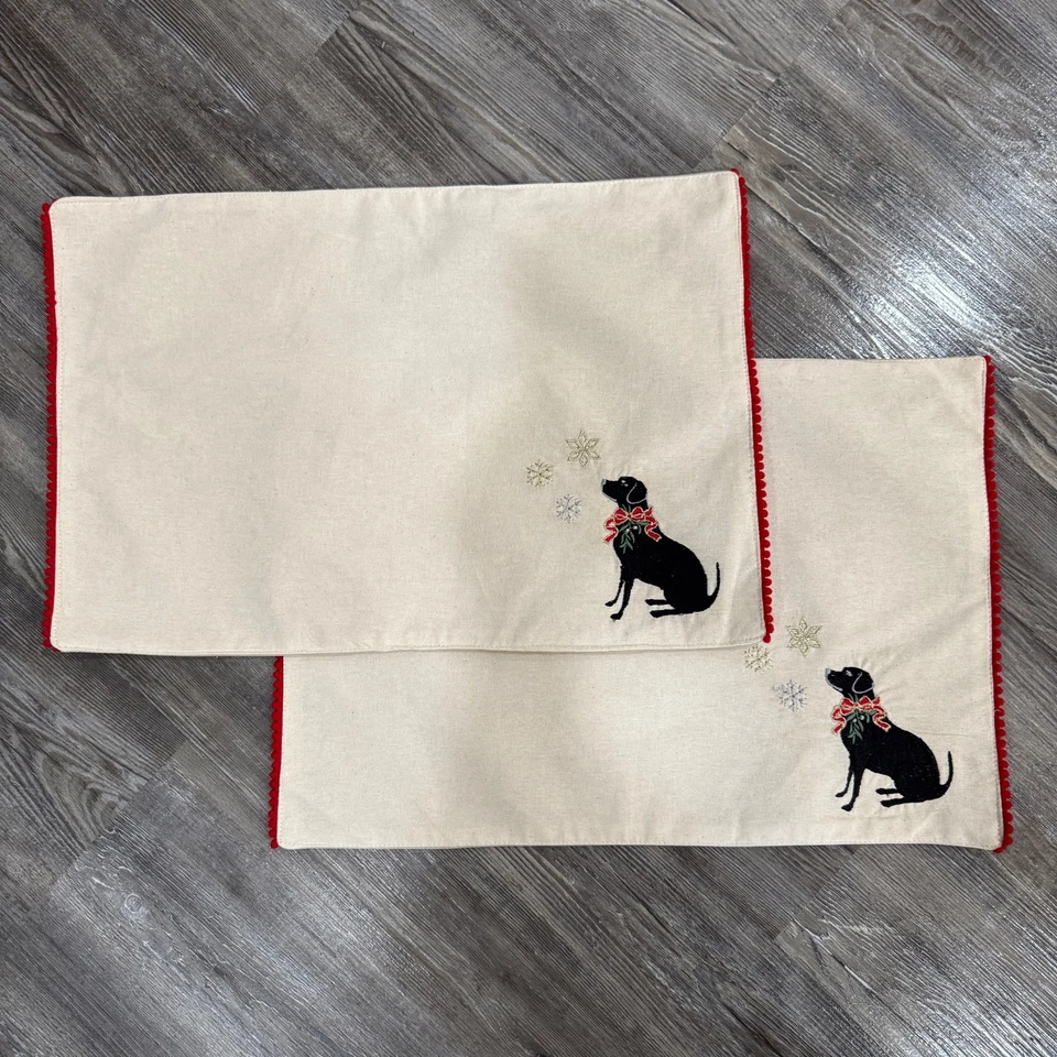 Lot of 2 ~ Black Lab Holiday/Christmas Place Mats 20”x13”Lined Beige Embroidered - Image 2 of 4