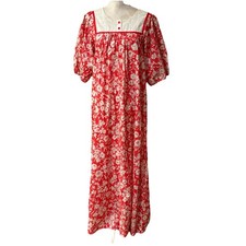 VTG Tsark Mumu Maxi Dress Eyelet Red Floral Tropical Puff Sleeve Sz 9/10