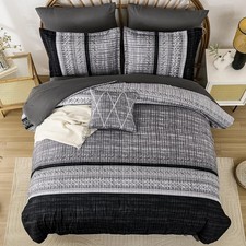 8 Pieces Black Comforter Set King Size Boho Striped Bed in a Bag Soft Microfiber