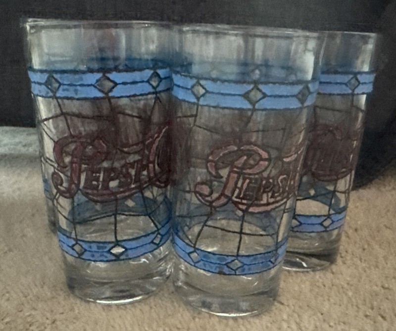 Set of 5 Vintage Pepsi Cola Glasses 1970's Tiffany Style-Stained Glass 12 oz.