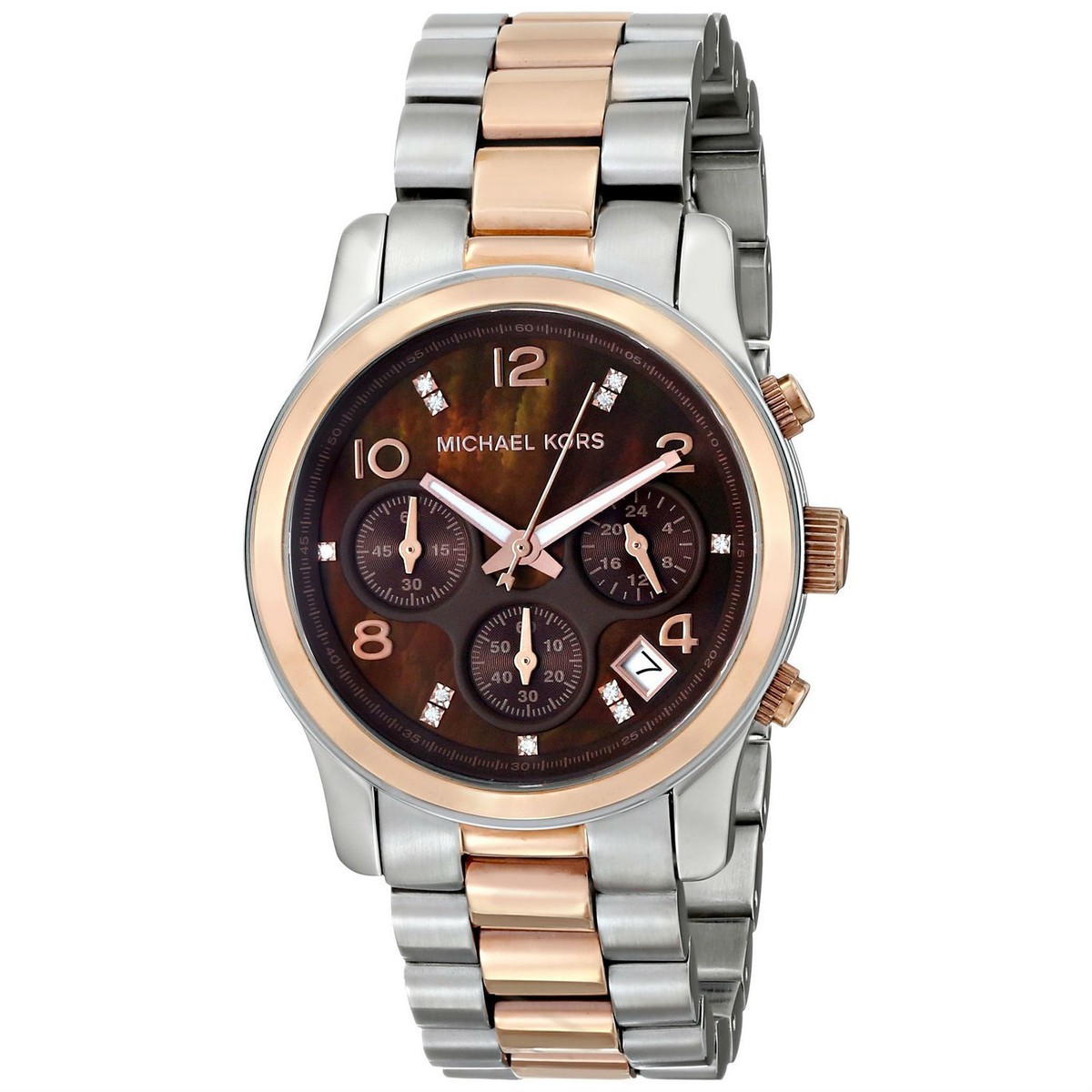 NEW MICHAEL KORS 2 TONE ROSE GOLD+SILVER,CHRONO,BROWN MOP 
