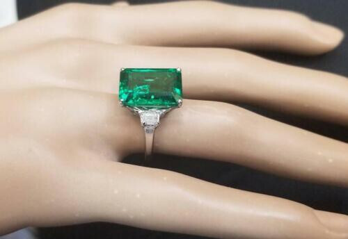 Three Stone Wedding Ring 14K White Gold 13.50CT Green Doublet Emerald Cut CZ - Picture 7 of 7