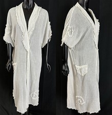 Vintage 1920s Dotted Swiss White Cotton Lace Trim Boudoir Peignoir Cocoon Robe