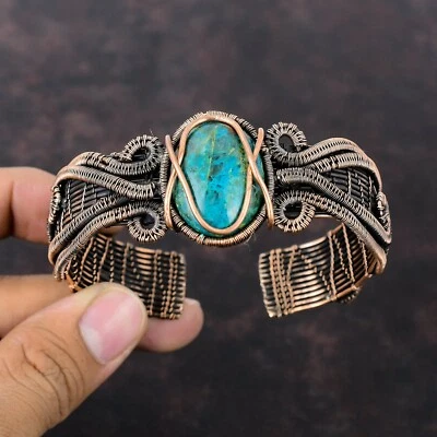 Chrysocolla Jewelry Copper Gift For Friend Wire Wrapped Cuff Adjustable Bangle - Image 1 of 4