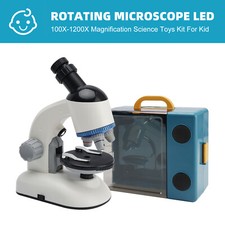 Rotating Microscope LED 100X-1200X Magnification Science Toys Kit For Kid White,