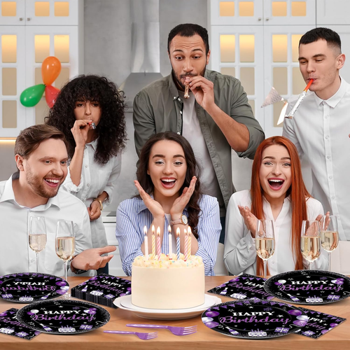 96 Pezzi Forniture Viola per Feste di Compleanno Viola e Nero Piatti di Carta Tovaglioli Happy - Foto 5 di 12