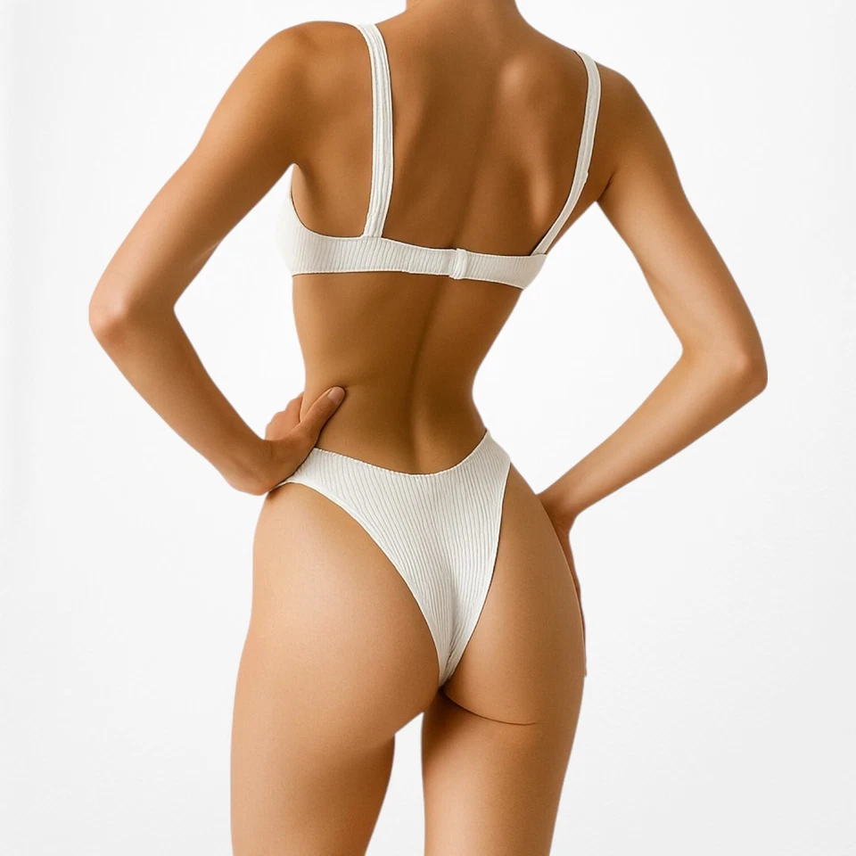 Nasty Gal Off White Ribbed Knit Two Piece Bikini Swim Suit Bathing Suit Size S - Image 3 of 4