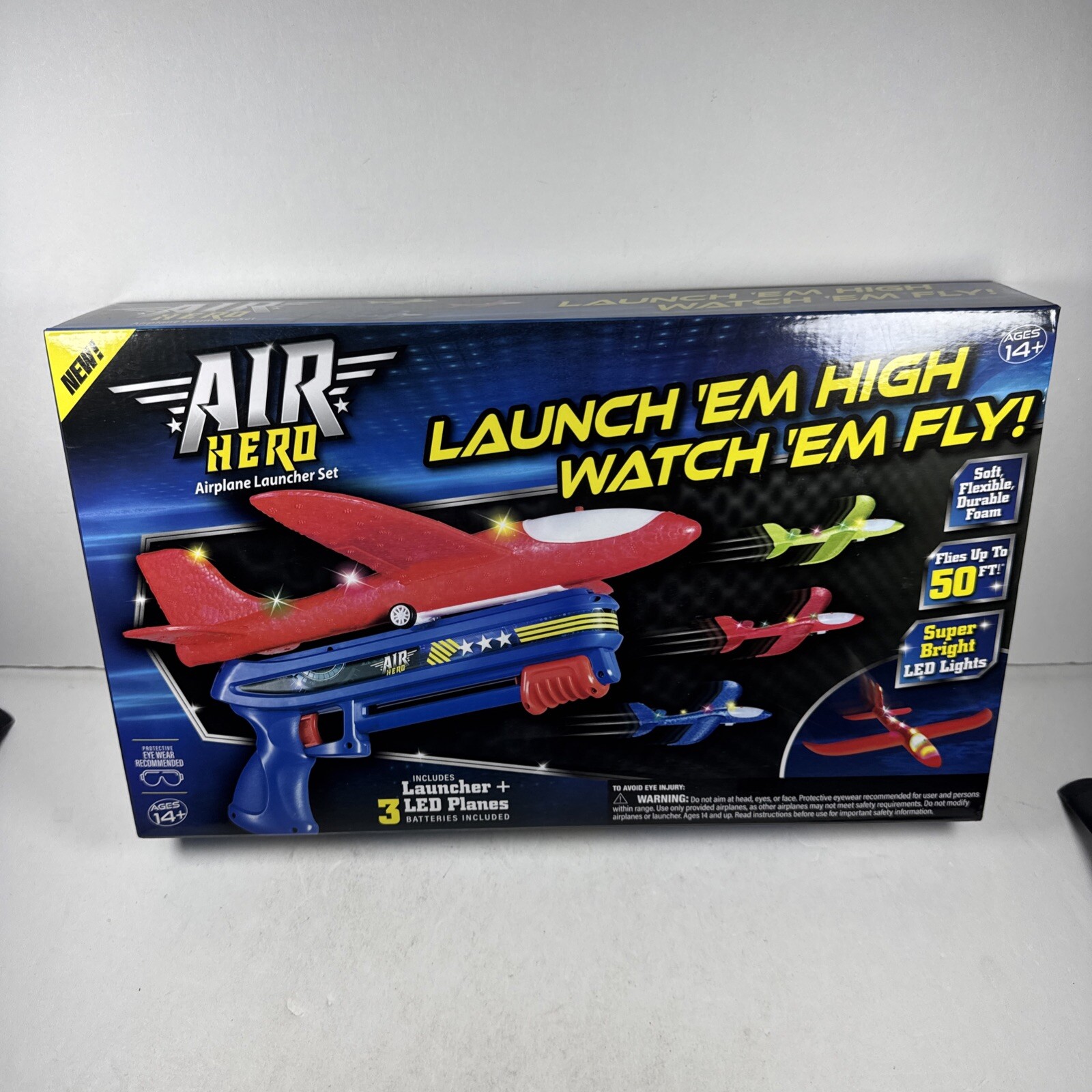 Air Hero Airplane Launcher Set With Launcher & 3 LED Planes- New Green Red Blue