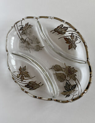 Vintage Sterling Overlay Divided Glass Server Leaf Pattern Relish Dish 