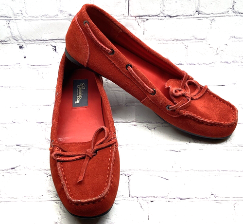 Womens St. John's Bay Rae Red Brown Suede Leather Flat Loafer Shoes 9 M lace Bow - 第 1/9 張圖片