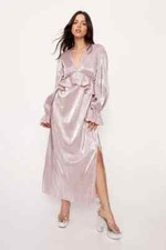 NastyGal Metallic Pleated Ruffle Midi Dress in Size 12 - Silver / Blush Pink