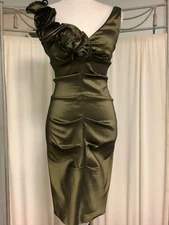 XSCAPE by Joanna Chen Olive Green Iridescent Ruched Flower Cocktail Dress XS
