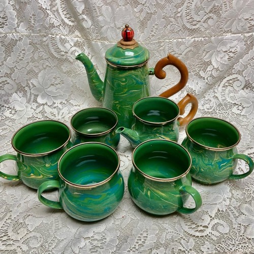 1995 Camp MacKenzie Childs Ltd., Green Marble Enamelware, 4pcTea or CampSet - Picture 12 of 12