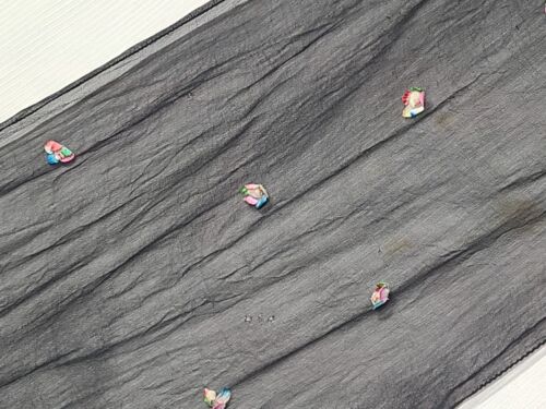 Vtg 50s Sheer Black Scarf Wrap Rainbow Flocked Flowers Crepe Gauze AsIs Pinup - Picture 1 of 11