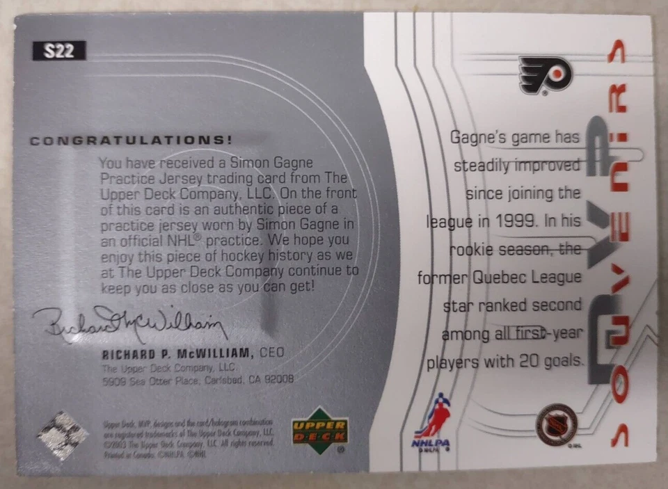 2003-2004 Upper Deck MVP SIMON GAGNE NHL Flyers BLACK JERSEY Swatch! FREE S&H! - Image 2 of 2