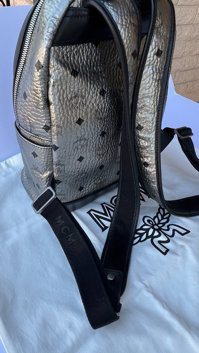 MCM Metallic Silver Monogram Visetos Studded Small Stark Backpack