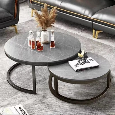 2er Couchtisch Set Rund Wohnzimmertisch Marmor Beistelltisch Sofatisch Metall DE - Bild 1 von 4