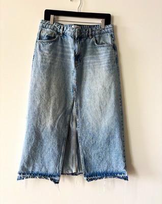 Pull&Bear Light Denim Midi Skirt with Front Slit Raw Hem XL