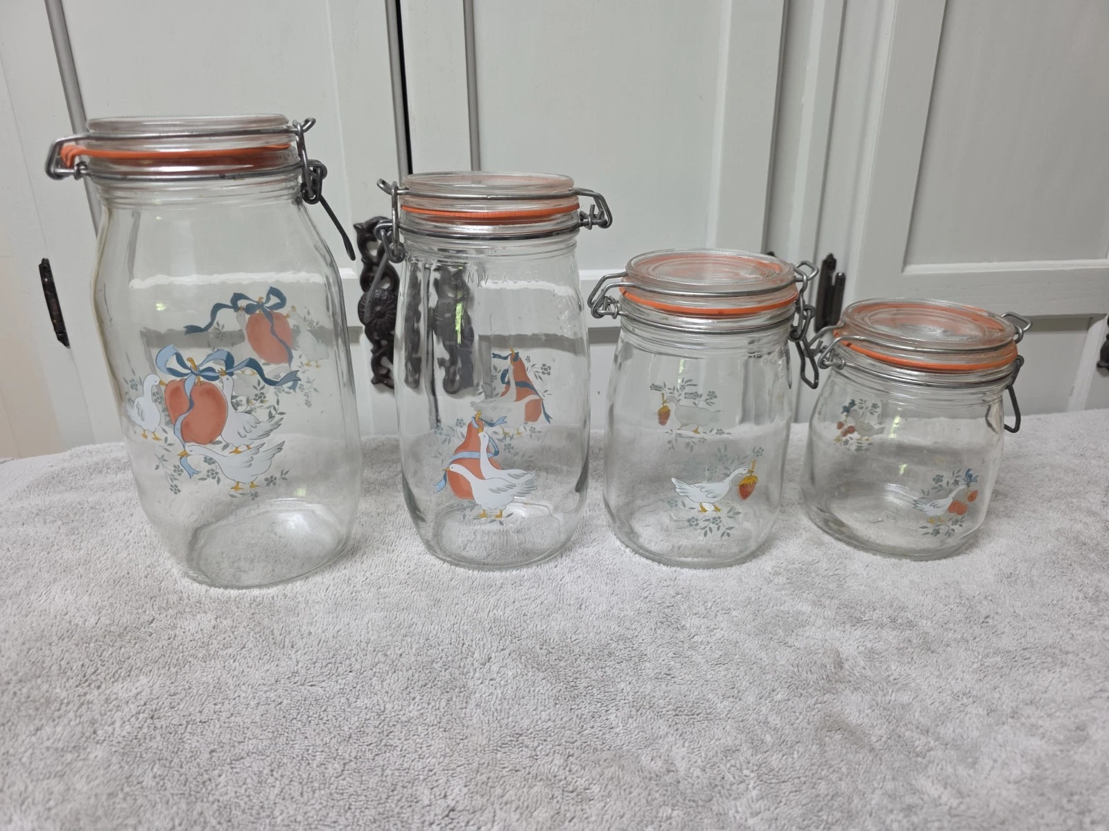 Vtg 1980s Marmalade Goose Geese Glass Canning Jars Canister Set of 4 EUC