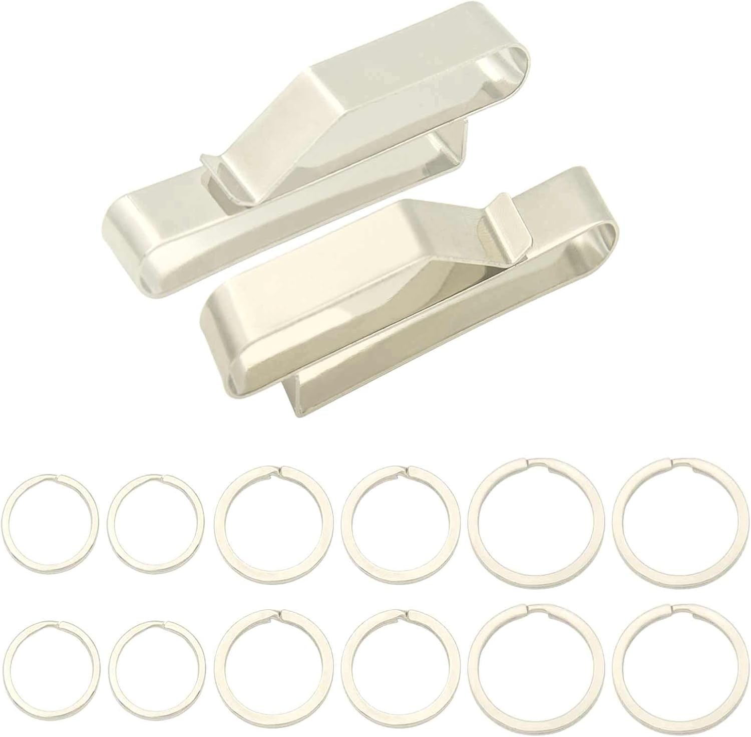 2Pack 75X12.5mm Belt Key Clip Holder with 12pcs Key Rings Silver Stainless Steel