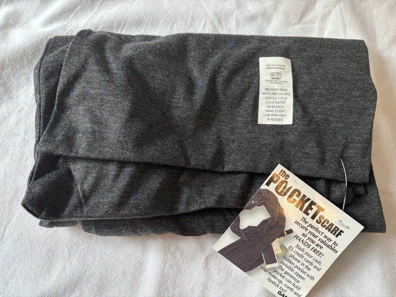 New Gray "The Pocket Scarf" w/ Invisible Zipper To Hide Mobile Phone, Valuables