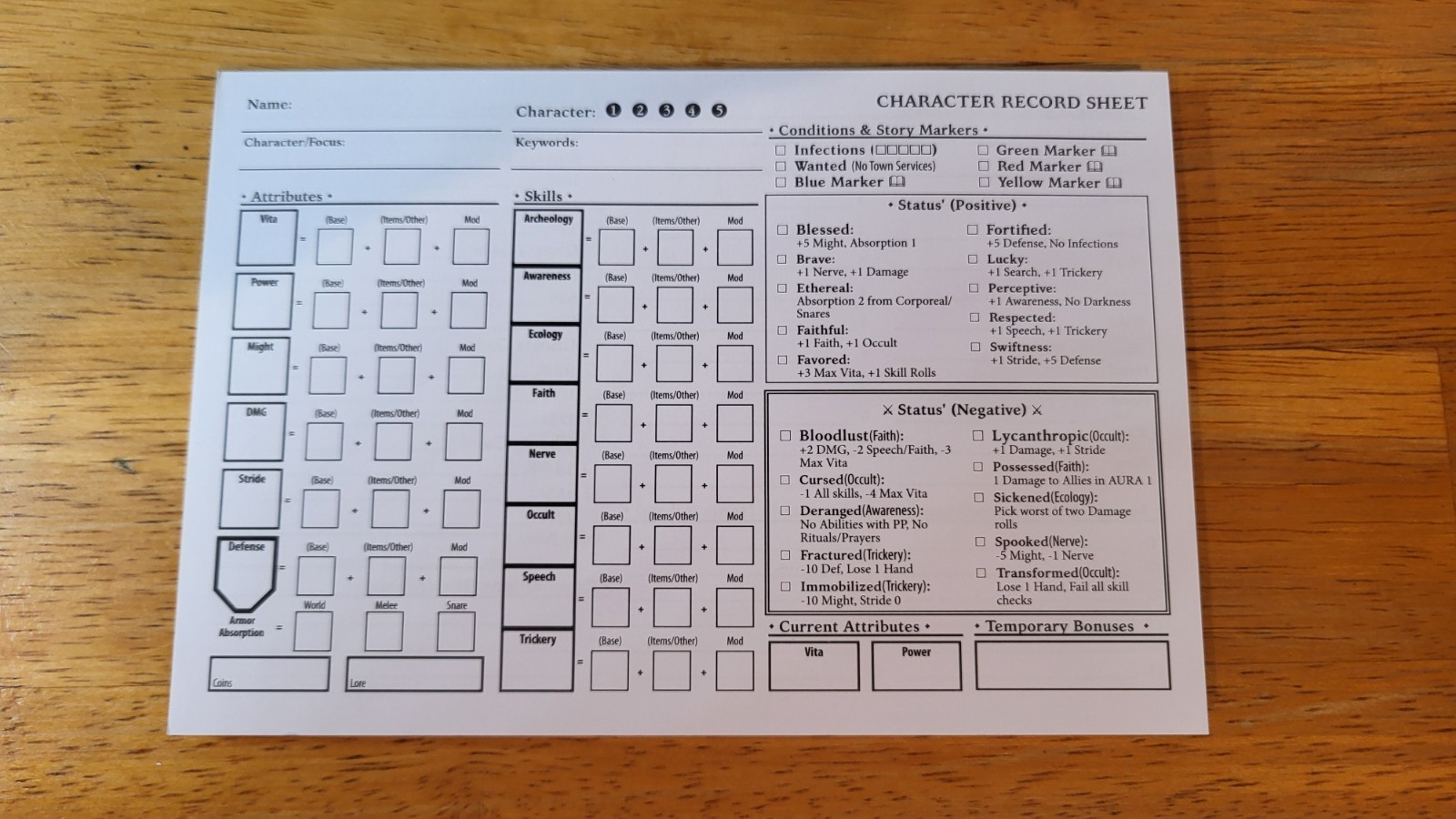 Folklore the Affliction: Character Record Pads by Greenbrier Games