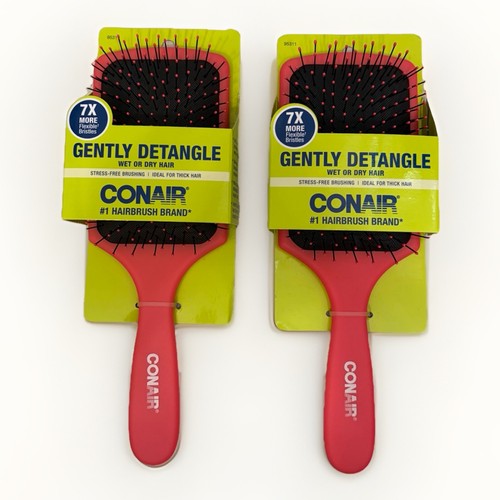 Conair Gently Detangle Paddle Brush Coral Pink Wet/Dry Thick Hair Lot 2 NEW - Picture 1 of 3