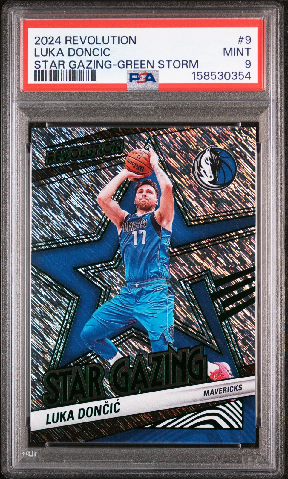 2024 PANINI REVOLUTION STAR GAZING GREEN STORM #9 LUKA DONCIC 19/99 PSA 9 view 1