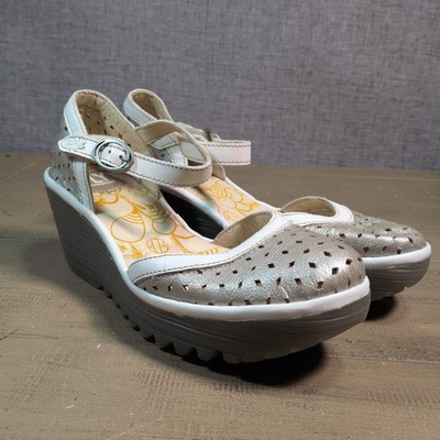 Fly London Yven Metallic Leather Wedge Sandals EU 38 UK 5 Closed Toe Mary Jane