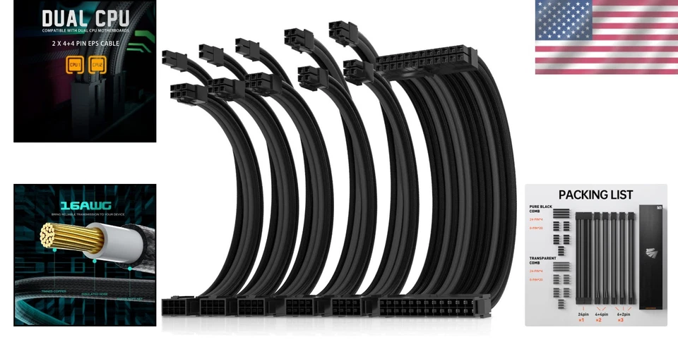 RGB-Enhanced PSU Sleeved Cable Kit - 30cm ATX and PCI-E Extensions for Dual CPUs - Image 2 of 4