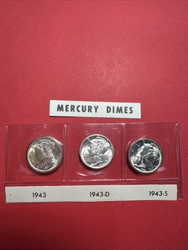 1943-P D & S BU 10C Mercury Dimes Trio Brilliant Uncirculated Set 90% Silver