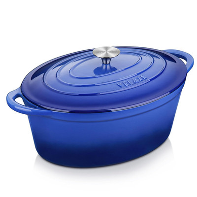 Velaze Gusseisen Schmortopf Induktion 34cm 7L Emaille Deckel Blau Cocotte Oval