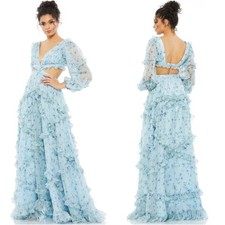 MAC DUGGAL 70249 Maxi Dress Blue Floral Ruffle Cutout Women's Size 2 Prom New