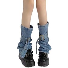 Women Washed Denims Flared Leg Warmer Buckled Strap Distressed Jeans Leg Cover