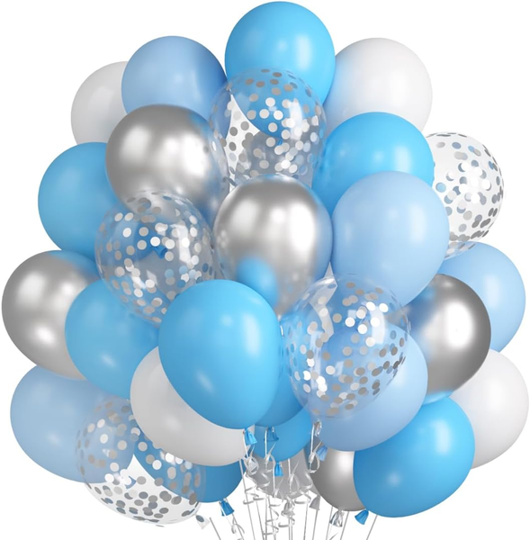60 StüCk Luftballons Pastell Blau Weiß, Metallic Silber Konfetti Ballons, Matt H-image