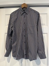 Bugatchi Uomo Men's Button Down Dress Shirt Navy Blue Brown Stripe Size Medium