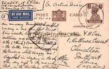 1942 WWII  Lt RF Creer 10th Lancashire Fusiliers field post card From India R001
