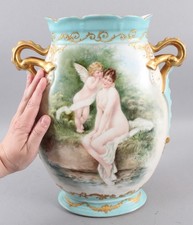 Large 13in Antique French LIMOGES ELITE, Nude Woman & Cherub Porcelain Vase, NR